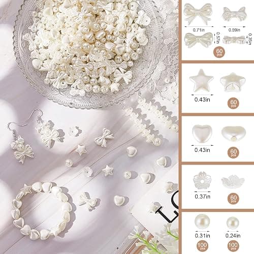 Juexica 500 Pcs ABS Imitation Pearl Beads Star Heart Bowknot Circle Flower White Aesthetic Beads for Jewelry Making Bracelets Necklaces Earrings Key Chains Accessories DIY Crafts(Classic Style) thumbnail 2