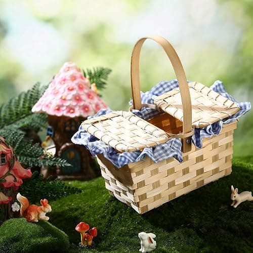 Teenyyou Mini Picnic Basket, Costume Accessory, Small Gingham Picnic Hamper for Halloween Women Costume Cosplay Accessory Hooded Cape Masquerade Dress up(Blue and White) thumbnail 2