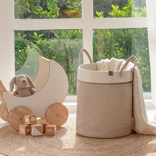 LA JOLIE MUSE Woven Basket Rope Storage Baskets - Tall Cotton Basket 16 x 14 x 14 Inches, Laundry Basket for Blanket, Kids Toy, Nursery Clothes Hamper Basket White & Desert thumbnail 2