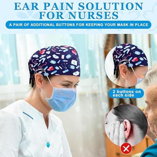 Unittype 4 Pcs Nurse Caps for Women Nursing Working Caps with Button and Sweatband Adjustable Elastic Scrub Hats for Dentist thumbnail 6