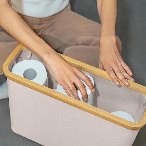 LONBET Toilet Paper Storage for 12 Rolls, Stackable & Foldable - The Ultimate Bathroom Organizer - Waterproof Basket with Bamboo Lid - Elegant Toilet Paper Storage Holder, Beige thumbnail 7