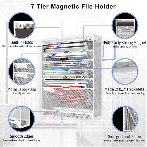 LQPAFZ 7 Tier Magnetic File Holder, No Drilling Wall File Organizer for File Cabinets Whiteboard Refrigerator,Office,Classroom, Hanging Paper Folder Holder, White thumbnail 7