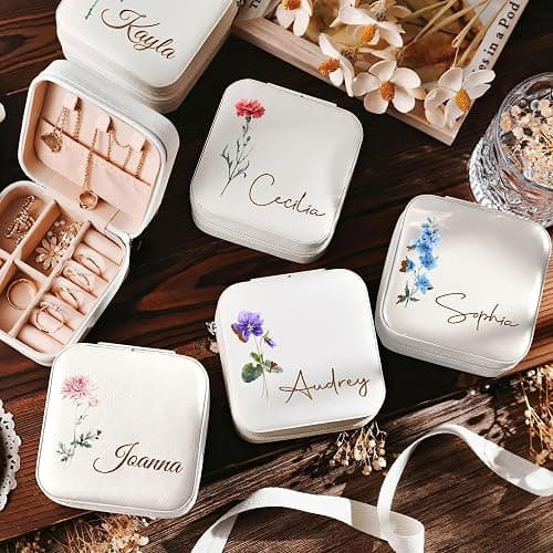 DayOfShe Personalized Travel Jewelry Box with Name and Birth Flower,Stocking Stuffers for Women Girls,Custom Small Travel Jewelry Case Bridesmaid Proposal Gifts thumbnail 2
