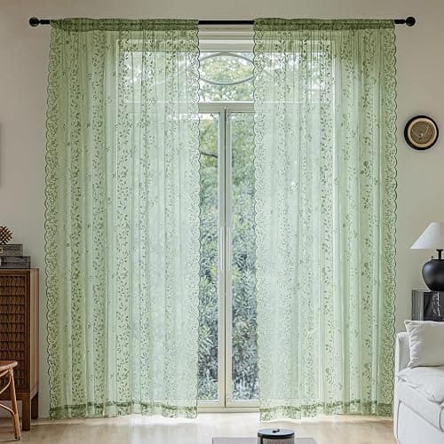 Sage Green Lace Curtains 84 Inches Long Victorian Floral Semi Sheer Curtains for Living Room Bedroom Decor Drapes Rod Pocket Light Filtering Vintage Window Curtains 2 Panels Set for Dining Room, 55x84 thumbnail 2