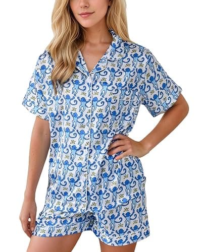 HINFEL Women Y2k Pajamas Set Silk Satin Short Sleeve Button Down Top and Shorts Monkey Sleepwear Preppy Bridal Loungewear - Image 1