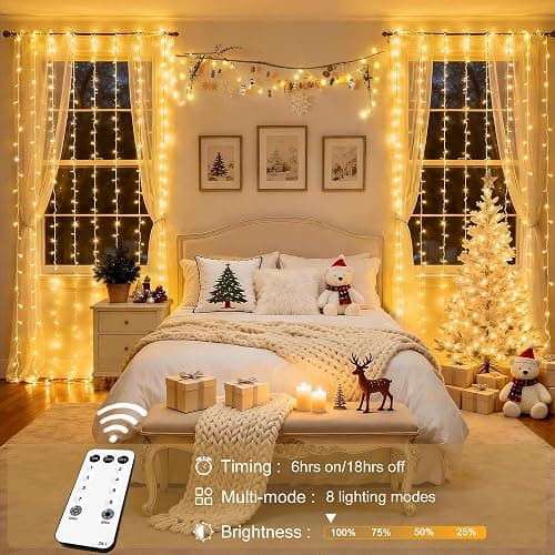 JMEXSUSS 300 LED Remote Control Christmas Curtain Lights, Plug in Fairy Curtain Lights Outdoor, Window Wall Hanging String Lights for Bedroom Backdrop Wedding Party Indoor Patio Xmas Decor, Warm White thumbnail 2