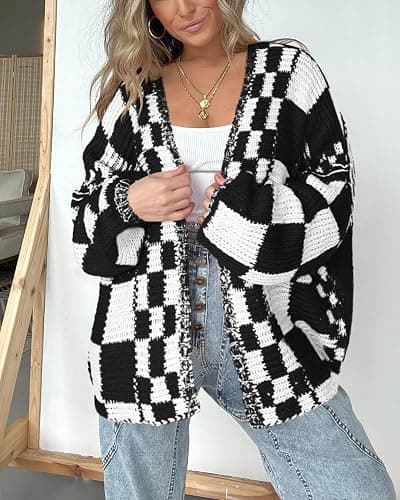 BTFBM Casual Cardigan Sweater for Women Fall 2025 Long Sleeve Open Front Chunky Knit Sweaters Checkered Outwear Coat thumbnail 2