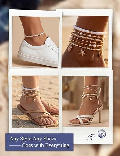 JeryWe 6Pcs Ankle Bracelets for Women - Waterproof Beaded Anklet Bracelet Set, Layered Boho Starfish Seashell Beach Jewelry, Handmade Summer Elastic Anklet thumbnail 3