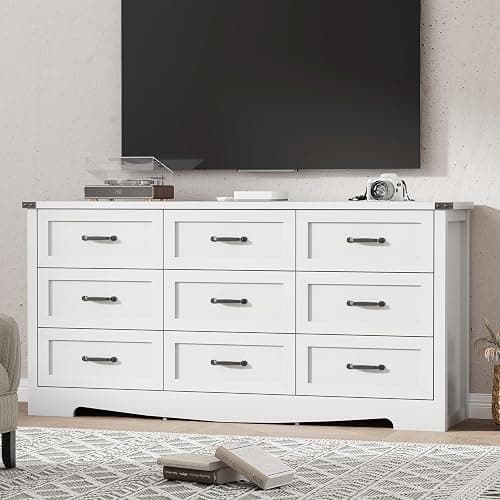 Dresser for Bedroom with 9 Drawers, 59" Wide Modern Chest of Drawers with Deep Drawers & Mental Handle, Wood Dresser TV Stand, Wooden Closet Storage Organizer for Living Room, Hallway, Entryway, White thumbnail 7