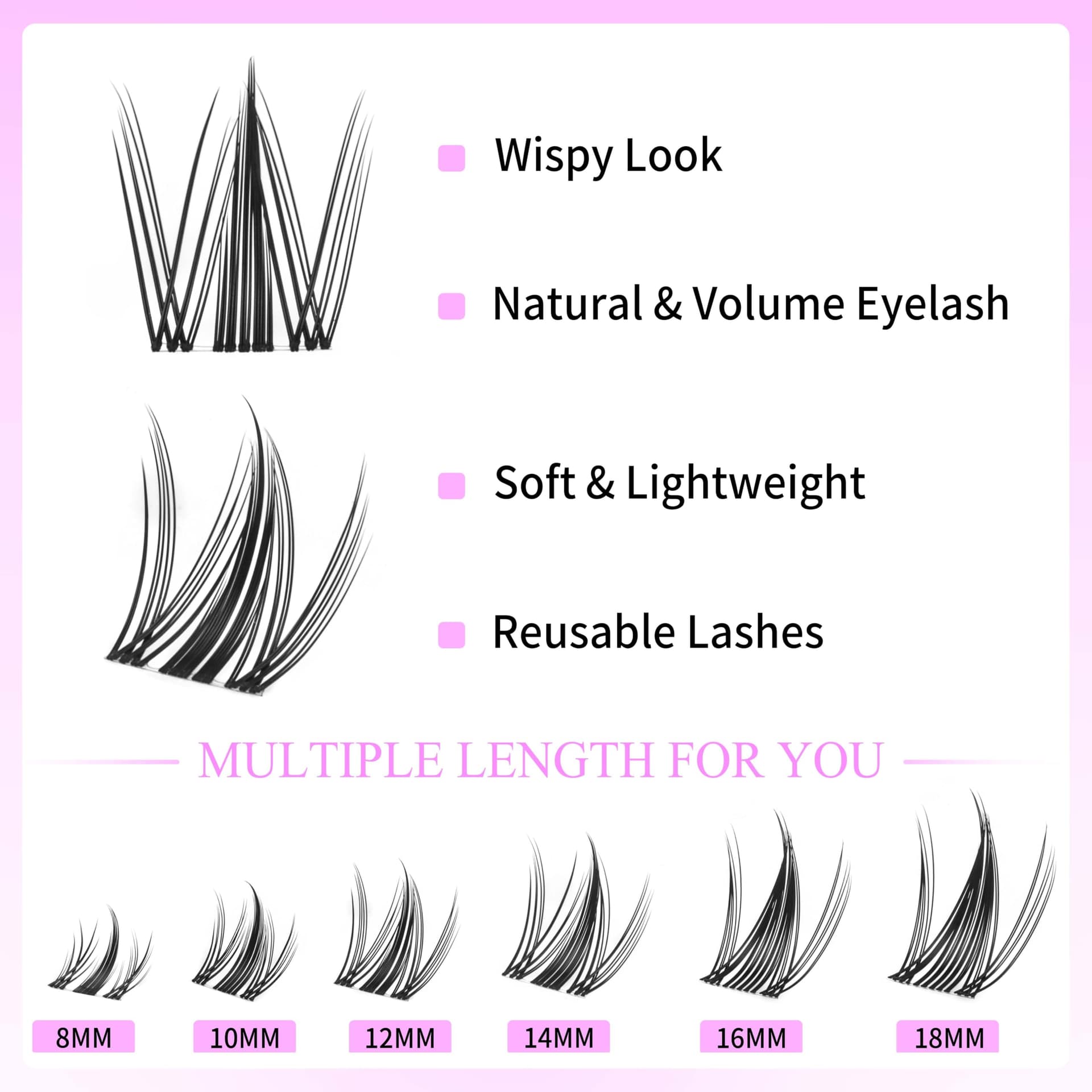 VEYESBEAUTY Lash Clusters Kit Individual Eyelash Extensions Kit Thin & Invisible Band DIY False Eyelashes Newbie's Five-Second Series, Manga 8-18mm Mixed Length with Bond&Seal Remover Applicator thumbnail 3