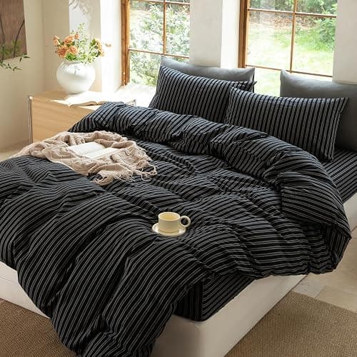 BESTDESIL Striped Duvet Cover Set 100% Washed Cotton Linen Like Soft Feelling Breathable Bedding(Strip-Black/White,King) thumbnail 5