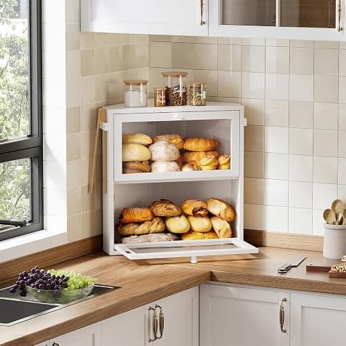 WOWLIVE Corner Bread Box for Kitchen Countertop, Large Double Layer Bread Storage Container for Homemade Bread, Black Bread Holder for Kitchen Counter, Under Cabinet Organizer (White, Extra Large) thumbnail 2