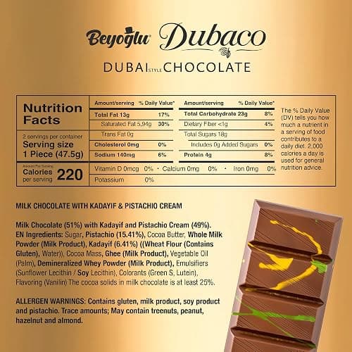 Beyoglu Dubaco Dubai Chocolate Bar Pistachio 3.36 Oz (Pack of 1), Luxury & Premium Dubai Milk Chocolate Bar Filled with Pistachio Butter & Shredded Knafeh Kadayif thumbnail 2