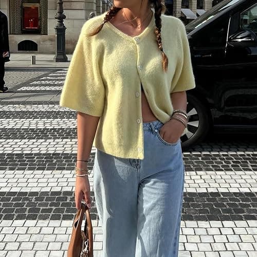 Women Knitted Crop Cardigan Shirt Short Sleeve Button Down Ribbed Knit Crop Top Y2k Girls Outwear Top Tee Shirt thumbnail 2