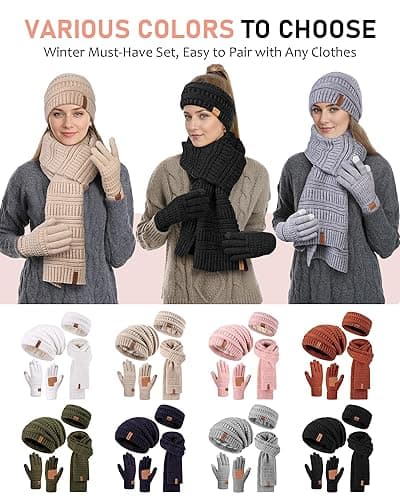 Womens Winter Beanie Hat Scarf Gloves Headband Set, Slouchy Beanie Ear Warmer Knit Scarf Touchscreen Gloves Warm 4 Gift Set - Oatmeal thumbnail 6