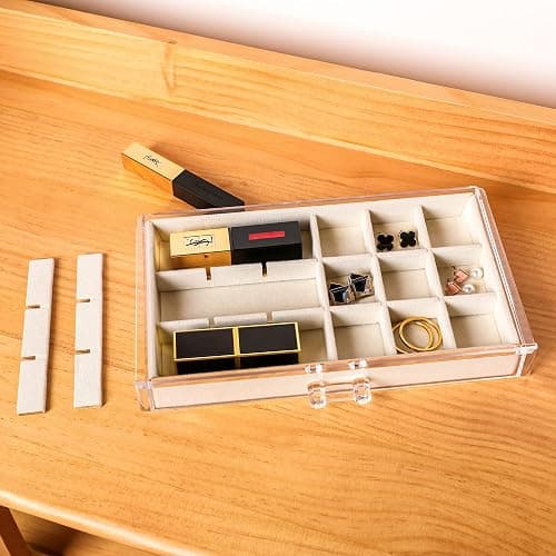 Frebeauty Acrylic Jewelry Organizer Earring Organizer Box with 5 Drawers Earring Holder Organizer with Velvet Trays Clear Jewelry Box for Women Earring Display for Rings Studs(Beige) thumbnail 2