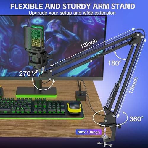 Gaming USB Microphone for PC Phone,ZealSound Noise Cancellation Condenser Mic Kit,RGB,Boom Arm Stand &Tripod,Quick Mute,Gain,Pop Filter for Computer,PS 4&5,Mac,Streaming,Podcast,Twitch,YouTube,Discord - Black thumbnail 4