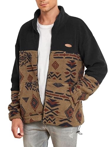 ZAFUL Men Ethnic Aztec Printed Fluffy Fuzzy Jacket Plush Fleece Casual Stand Collar Zip Outwear Cardigan Coat with Pockets thumbnail 2