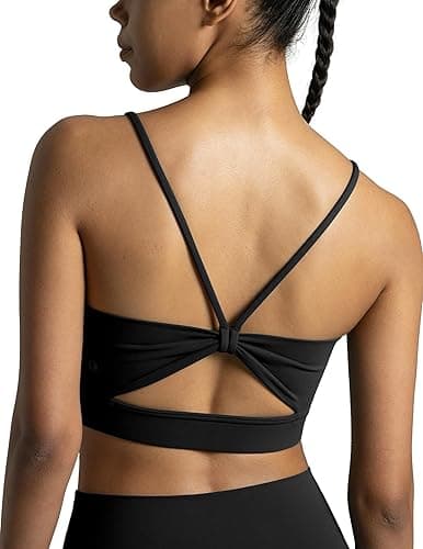 Colorfulkoala Women's Dreamlux Bowknot Strappy Sports Bras Light Impact Workout Yoga Tops - Small - Black - Image 1