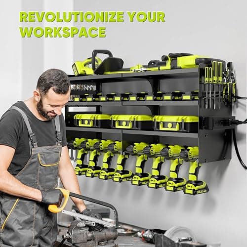 POKIPO Large Power Tool Organizer Wall Mount with Charging Station,4 Layer Heavy Duty Metal Tool Storage Rack Loads 600lbs with 8 Cordless Drill Holder,Battery Utility Rack Loads with 4 Power Strip thumbnail 6