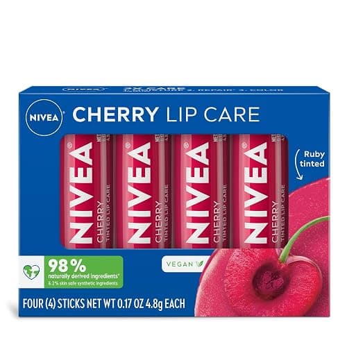 NIVEA Cherry Lip Care, Tinted Lip Balms with Shea Butter, 4 x 0.17 OZ | Ruby Tinted Lip Balm with Shea Butter, Nourishing Oils and Vitamins, 3-in-1 Moisture, Repair Dry Lips and Color, Vegan - Image 1