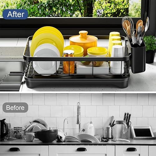 arshray Dish Drying Rack Single Layer with Utensil Holder, Adjustable Spout Auto-Draining Dish Rack for Kitchen Counter, Large Capacity for Plates, Bowls, Cups, Dish Drainer with Drainboard,Black - One Tier - Black - Metal thumbnail 4