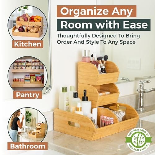 Potato and Onion Storage Bin for Pantry and Kitchen Counter - Ventilated Stackable Bamboo Organizer Baskets with Handles - Multipurpose Organization Containers for Fruit, Vegetable, Pantry - 3 Pack thumbnail 6