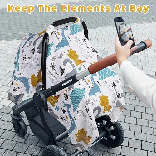 Rquite Dinosaurs Carseat Cover - Muslin Cotton Infant Car Seat Canopy, Breathable Baby Carrier Cover, Summer Stroller Sun Shade thumbnail 6