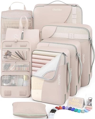 10 Set/8 Set Packing Cubes for Travel, Gifts for Women Mom,Anti-Tearing Suitcase Organizer for Luggage with Shoe & Hanging Toiletry Bag,OlarHike Vacation Essentials & Accessories for Cruise Ship,Cream - Image 1