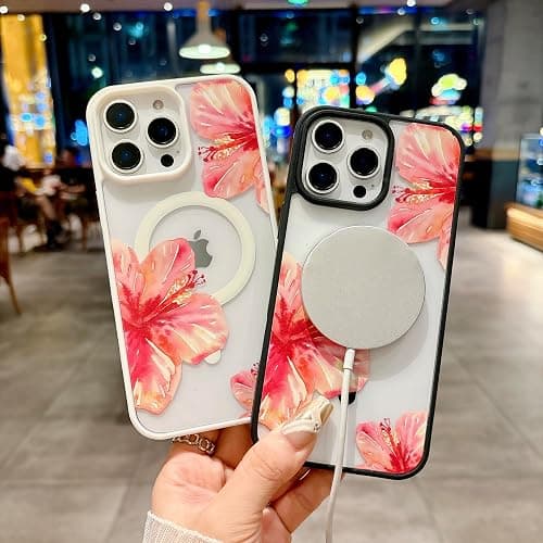 HYUEKOKO Magnetic for iPhone 15 Case [Compatible with MagSafe] Cute Trendy Hibiscus Flower Pattern Design for Summer Hawaiian, Translucent Shockproof Protective Case for Girls Women-White thumbnail 3