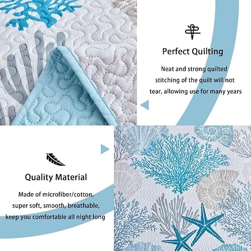 Tritard 3 Piece Coastal Quilt Sets Full/Queen Size - Reversible Microfiber Quilts with 2 Shams Soft Lightweight Beach Bedding Nautical Bedspread Coverlet Summer Comforter for All Season, 90''x96'', C1 thumbnail 3