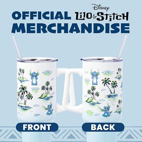 Silver Buffalo Disney Lilo and Stitch Vintage Sketch Palm Trees and Flowers Stainless Steel Tumbler with Handle and Straw, Fits in Standard Cup Holder, 40 Ounces thumbnail 6