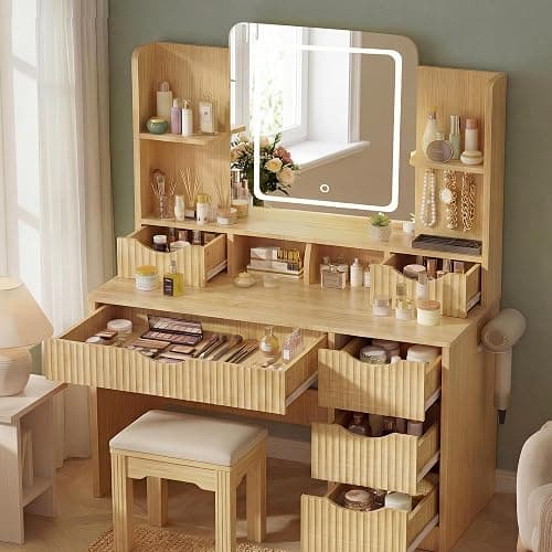Vanity Desk with Mirror and Lights, Makeup Vanity Table with Large 6 Drawers Modern Fluted Wooden Dressing Table with Jewelry Hook 3 Color Modes Adjustable LED Mirror for Women Girls Bedroom or Dorm thumbnail 8