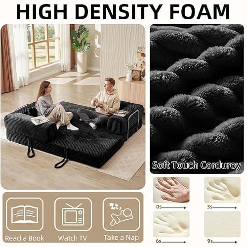 81 Inch Convertible Folding Sofa Bed,Fold Out Floor Sofa Couch with Fixed-Shape Frame,Corduroy Foldable Mattress Cloud Couch for Living Room Bedroom (Black) thumbnail 3