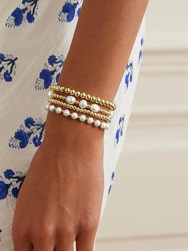 Gold Beaded Bracelets for Women Baroque Pearl Stackable14K Gold Plated Stretch Bead Ball Bracelet Jewelry Gifts thumbnail 6