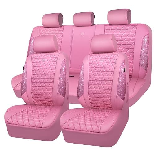 CAR PASS Bling Diamond Pink Leather Car Seat Covers Full Sets Interior Sets, Waterproof Shining Glitter Sparkly Crystal Universal Armrest Fit for Automotive Truck SUV Cute Women Girl, Pink Rhinestone - Image 1