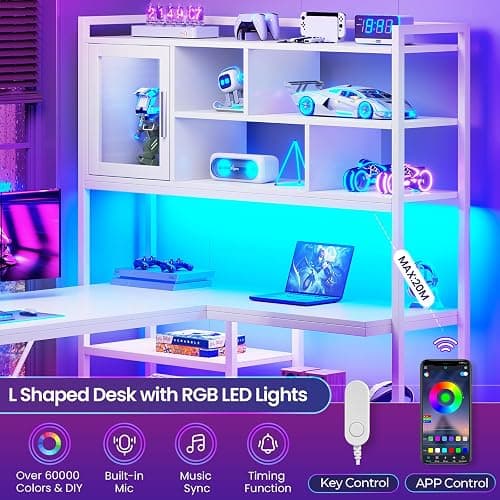 SEDETA L Shaped Computer Desk, 58'' Office Desk with LED Light and Bookshelf, L Shaped Corner Desk with Storage Shelves for Home Office, Gaming Desk, L Desk, White thumbnail 9