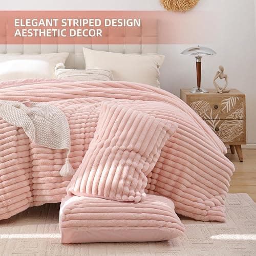 Smoofy Fluffy Full Size Comforter Sets 3 Pieces - Blush Pink Fleece Fluffy Comforter Set, Luxury Fuzzy Full Bed Set, Soft Comforter Full Size All Season, Heavy Faux Fur Comforter with 2 Pillow Cases thumbnail 3