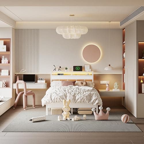 Furnulem Full Size Bed Frame with LED Light and Charging Station, Wood Storage Headboard with 2-Tier Shelves, Metal Platform Bed with Heavy Duty Slats Support, No Box Spring Needed, White thumbnail 8