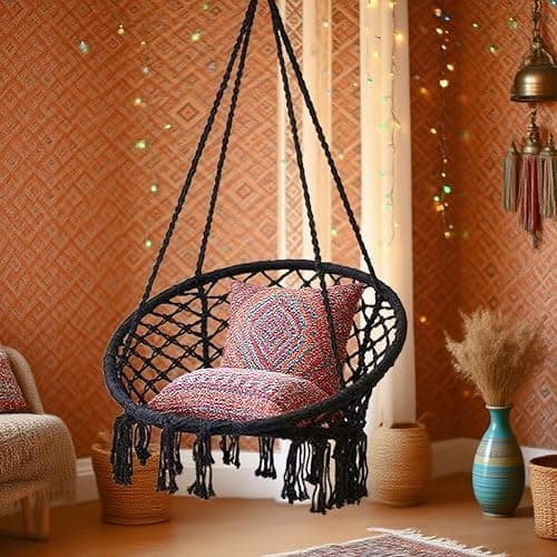 Goutime Hammock Chair, Macrame Hanging Indoor Swing Chairs with Hardware Kit,Adult Boho Swinging Swings for Outside,Patio,Balcony,Bedroom (Black (Pillows are not Included)) thumbnail 8