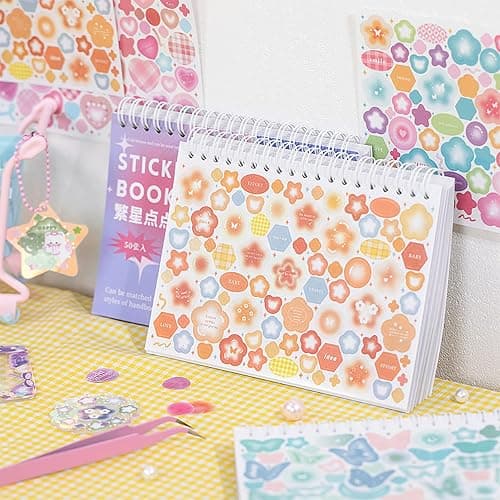 Doraking Colorful Sticker Book, 50 Sheets Shiny Love Bubble Heart Butterfly Ribbon Cute Stickers for Junk Journal Arts Craft Greeting Cards Scrapbook Supplies Home Decoration, DIY Deco Stickers (A) thumbnail 2