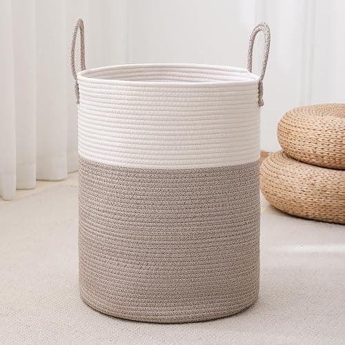 Laundry Basket Hamper Tall Rope Storage Woven for Blanket Toys Dirty Clothes in Living Room Bathroom Bedroom White & Brown 60L/15.8Gal - Image 1