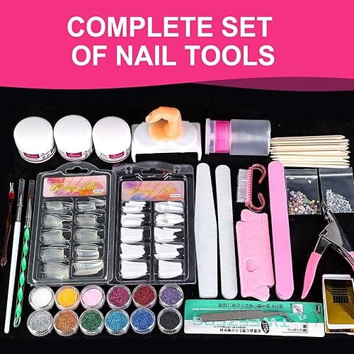 Nail Kit Set Professional Acrylic with Everything, 12 Glitter Acrylic Powder, Tips, Decoration, DIY Nail Art Tools & Supplies for Beginners thumbnail 6