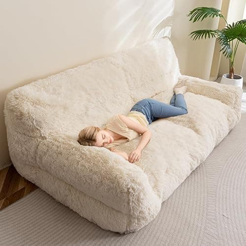 HIGOGOGO Giant Human Dog Sofa Bed, Big Comfy Floor Sofa Couch for Pet Families with Foam Chunk Supportive Mat, Fluffy Faux Fur Orthopedic Dog Bed for Human, XXXL Size, Beige - Image 1