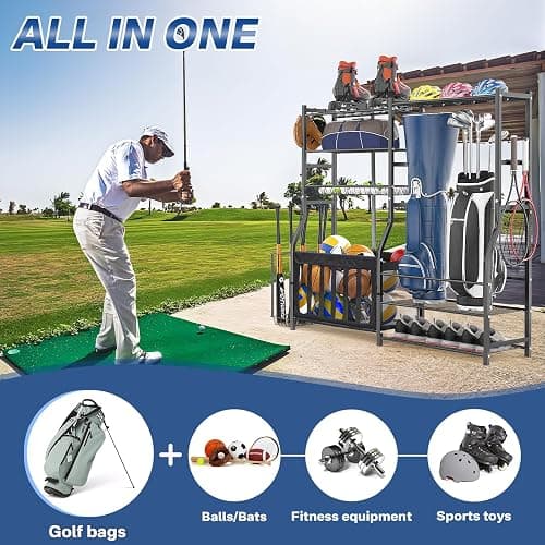 organizelink Garage Sports Equipment Organizer, Strong Load Bearing Golf Bag Organizer, Multi Use Golf Ball Rack Basketball Rack for Sports Gear and Outdoor Toy Ball Storage thumbnail 4