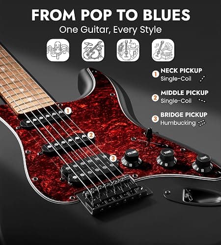 Tostar Electric Guitar Kit with Amp HSS Pickup Beginner Electric Guitar Stratocaster with Gig Bag,Capo,Tremolo, Strap, Picks 39" Full Size Electric Guitars Heavy Metal 6 String for Gifts Satin Black thumbnail 2