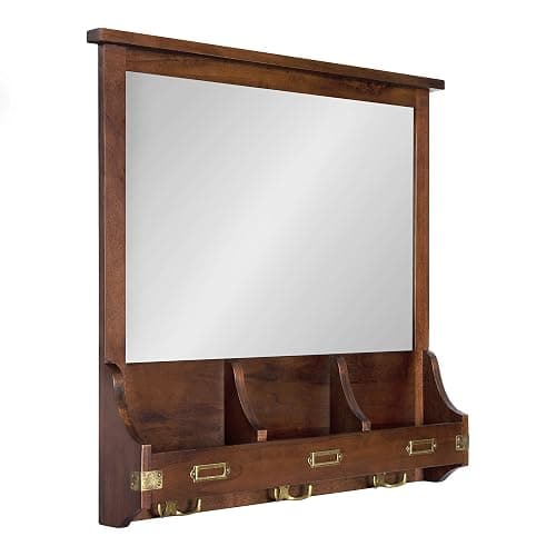 Kate and Laurel Stallard Decorative Wood Home Wall Organizer Mirror with Pockets and Key Hooks, Walnut Brown thumbnail 2