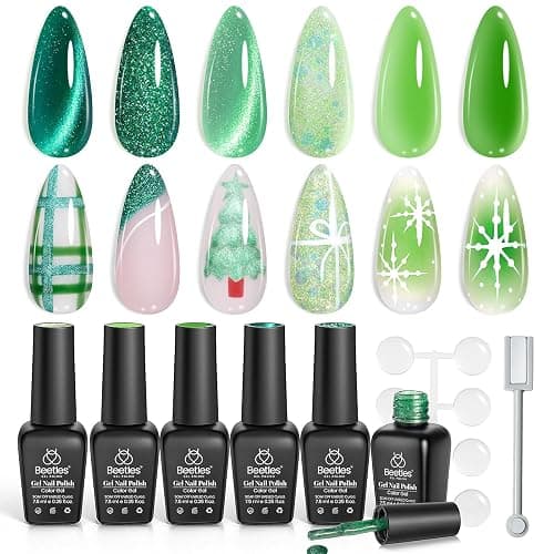 Beetles Green Cat Eye Gel Nail Polish Set, Enchanted Forest Glitter Gel | 6 Colors Mint Matcha Emerald Glitter Cat Eye Gel Polish, Summer Enchanted Forest UV LED Soak Off Nail Kit for DIY Salon Home thumbnail 9