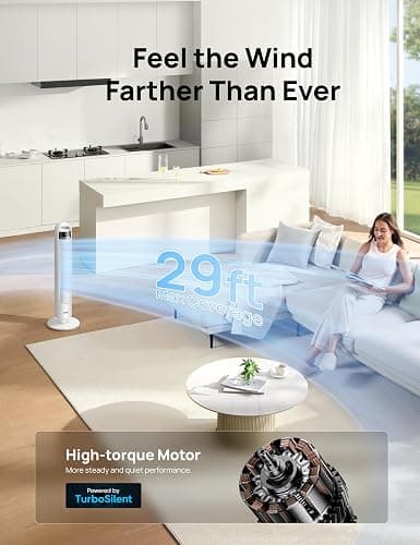 Dreo Tower Fan for Bedroom, 4 Speeds, 3 Modes Standing Fans for Room with 90° wide Oscillating, 28dB Quiet for Sleep, 25ft/s Velocity, 29ft Coverage, 8H Timer, Remote, Living Room, Office, Home, White thumbnail 4