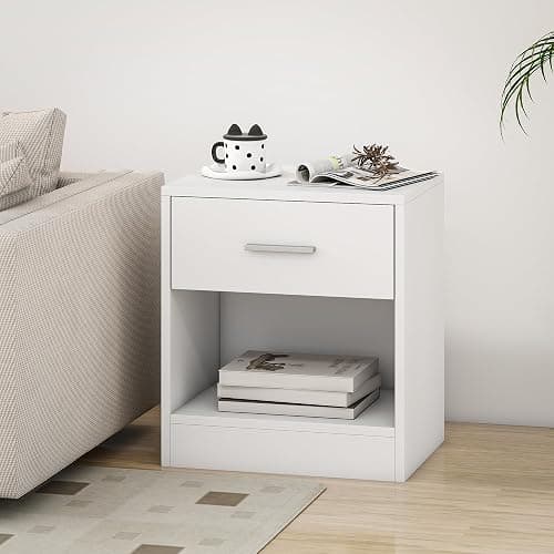 HOMCOM Modern Side Table, Accent Table with Drawer and Storage Shelf, End Table for Living Room, White Wood Grain thumbnail 2
